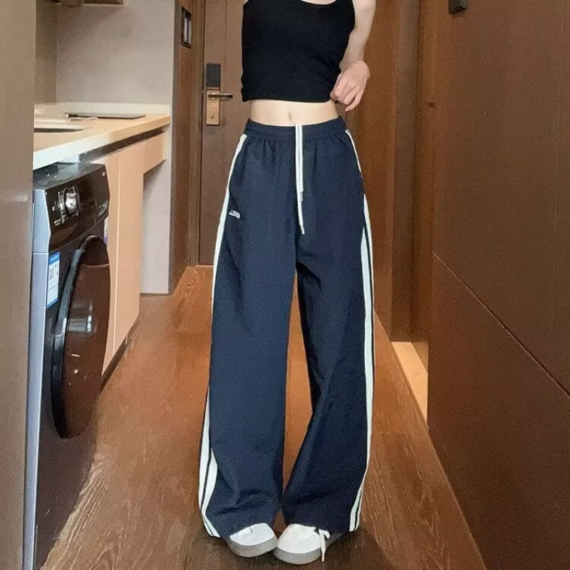 Ženske casual hlače u američkom retro stilu sa bočnim trakama, ljetna ravna kroja, opuštena, široke nogavice, brzo sušeće