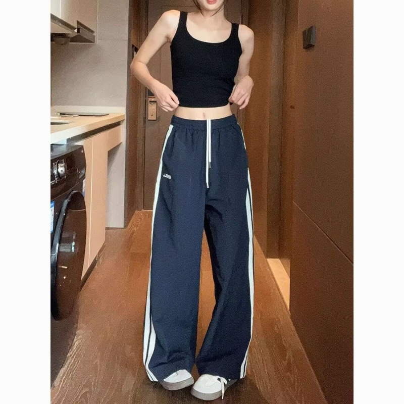 Ženske casual hlače u američkom retro stilu sa bočnim trakama, ljetna ravna kroja, opuštena, široke nogavice, brzo sušeće