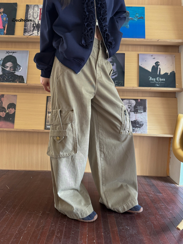 INSS ženske khaki cargo hlače u američkom retro ulično-stilskom izgledu, ljeto, široki ravni kroj