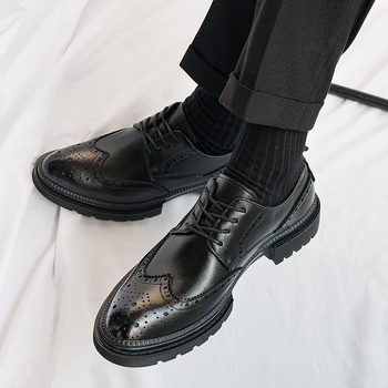 Muške kožne cipele s ukrasom brogue, crne, poslovne formalne, britanski stil, cipele za mladoženju s povećanjem visine
