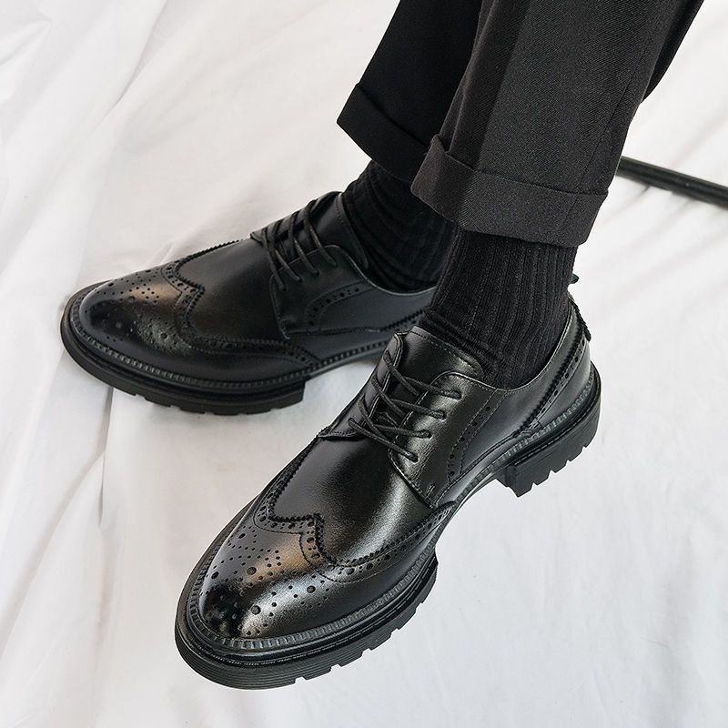Muške kožne cipele s ukrasom brogue, crne, poslovne formalne, britanski stil, cipele za mladoženju s povećanjem visine