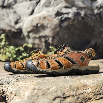 Muške kožne sandale za plažu s otvorenim prstom, za vanjsku uporabu, veličine 46–48, zatvaranje na Velcro, prozračne, vodootporne, protuklizne
