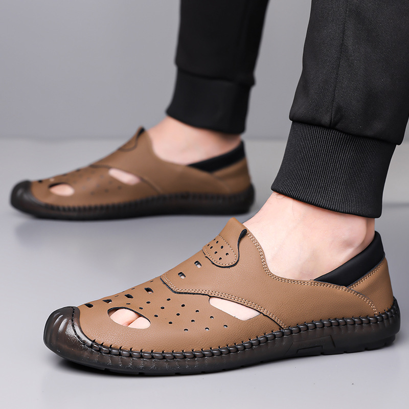 Muške ljetne outdoor sandale, ručno izrađene, prozračne s perforacijama, slip-on, protuklizna podloga