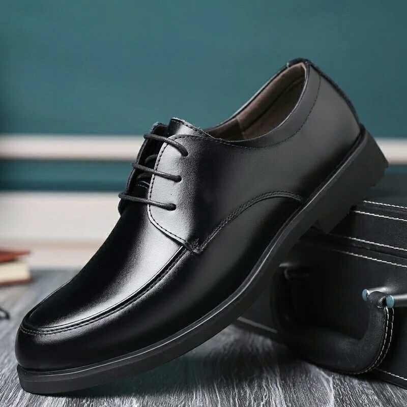 Pantofi din piele naturală pentru bărbați, cu inserție internă care mărește înălțimea, respirabili, pantofi business/formal din piele, șireturi, negri, talpă moale, vârf rotund