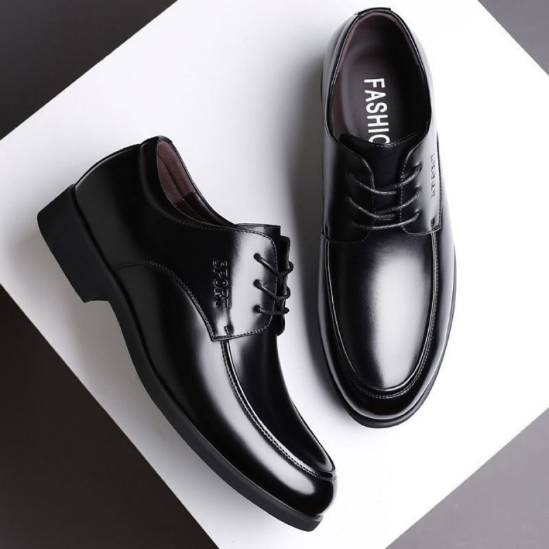 Pantofi din piele naturală pentru bărbați, cu inserție internă care mărește înălțimea, respirabili, pantofi business/formal din piele, șireturi, negri, talpă moale, vârf rotund
