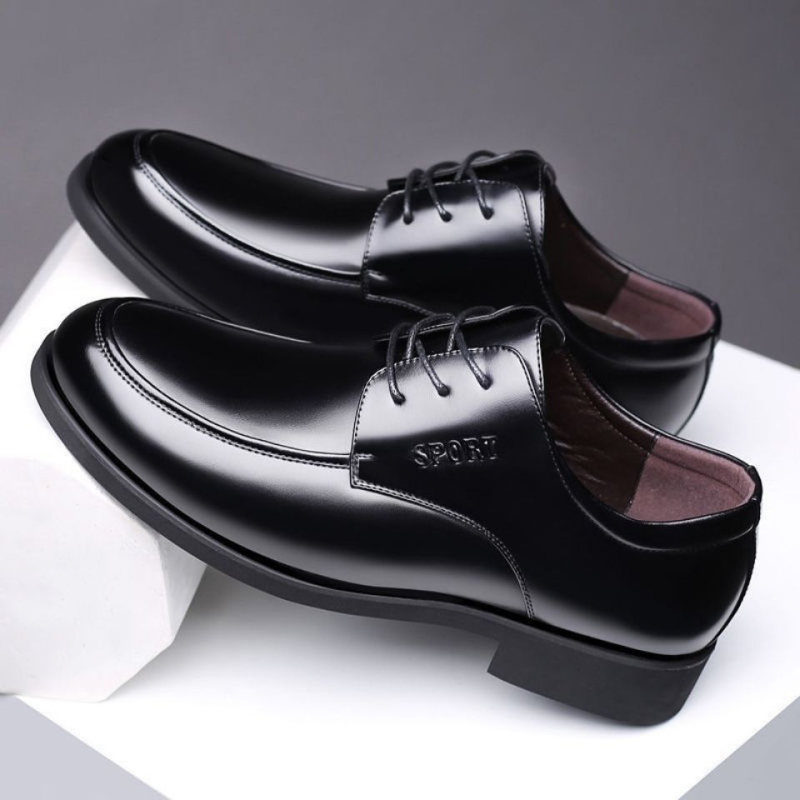 Pantofi din piele naturală pentru bărbați, cu inserție internă care mărește înălțimea, respirabili, pantofi business/formal din piele, șireturi, negri, talpă moale, vârf rotund