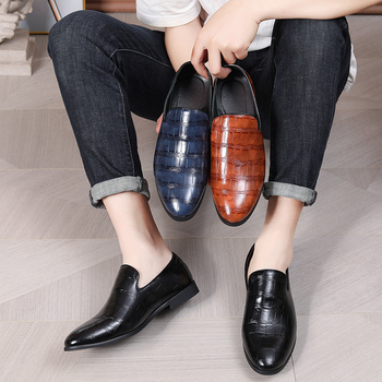 Férfi PU bőr slip-on loaferek, brit stílusú kőmintás, elegáns alkalmi cipő