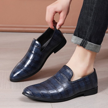 Férfi PU bőr slip-on loaferek, brit stílusú kőmintás, elegáns alkalmi cipő