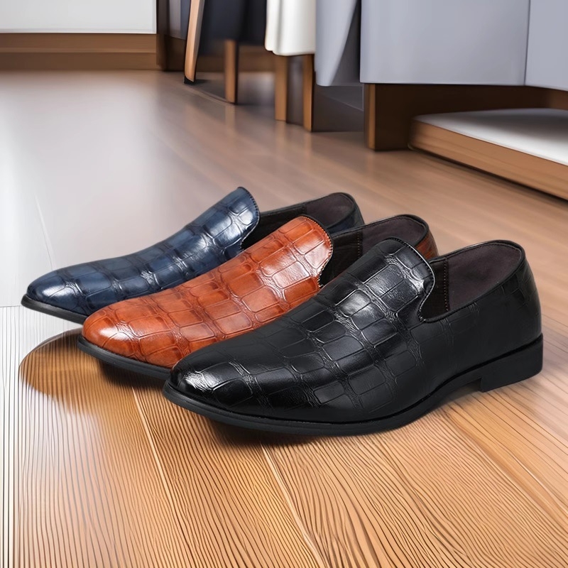 Férfi PU bőr slip-on loaferek, brit stílusú kőmintás, elegáns alkalmi cipő