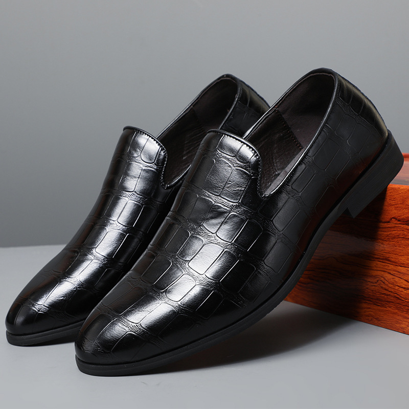 Férfi PU bőr slip-on loaferek, brit stílusú kőmintás, elegáns alkalmi cipő