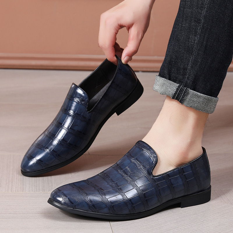 Férfi PU bőr slip-on loaferek, brit stílusú kőmintás, elegáns alkalmi cipő