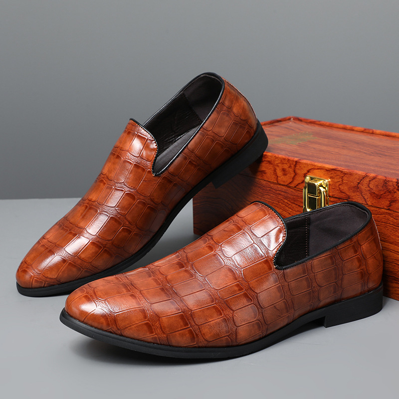 Férfi PU bőr slip-on loaferek, brit stílusú kőmintás, elegáns alkalmi cipő