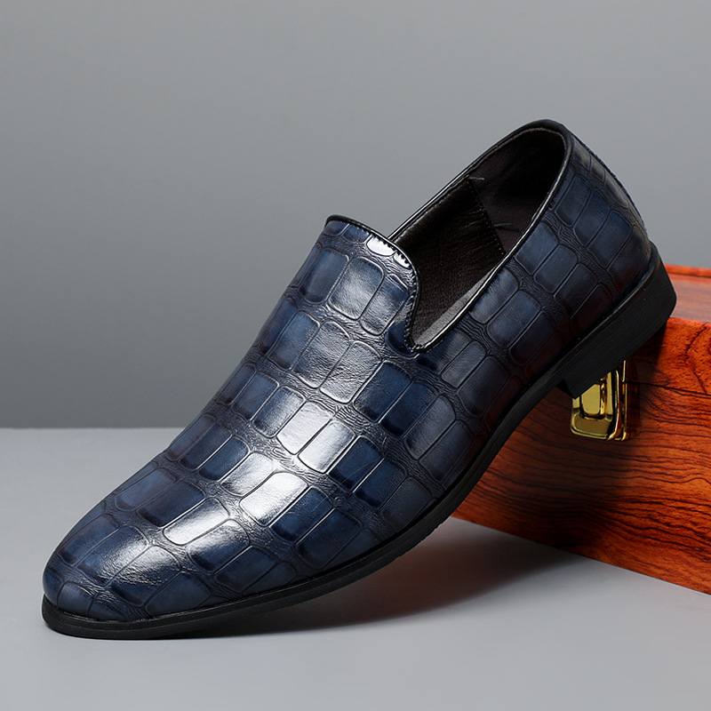 Férfi PU bőr slip-on loaferek, brit stílusú kőmintás, elegáns alkalmi cipő