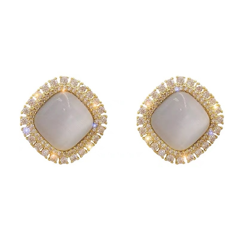 Clip-on naušnice s kamenom mačjeg oka, francuskog stila, gumba dizajn, vintage luksuz za žene