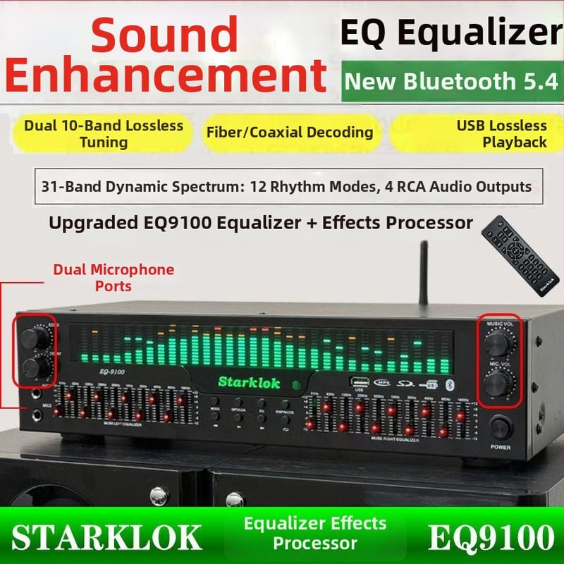 Profesionálny EQ ekvalizér so Bluetooth 5.4, optické vlákno a koaxiálny digitálny dekóder zvuku, USB flash disk, audiophile preamp/hráč