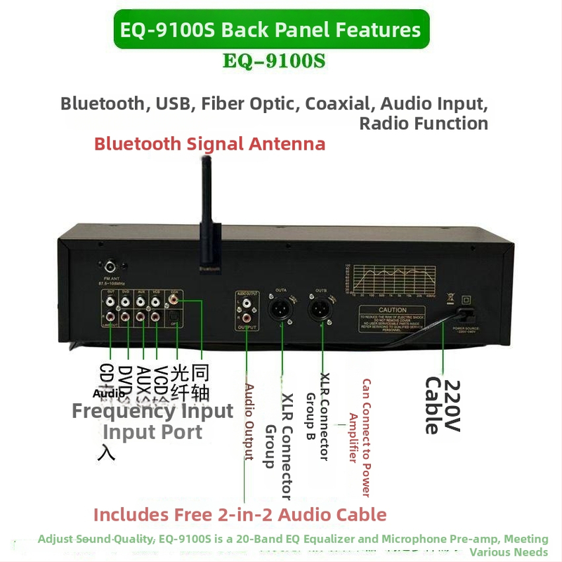 Profesionálny EQ ekvalizér so Bluetooth 5.4, optické vlákno a koaxiálny digitálny dekóder zvuku, USB flash disk, audiophile preamp/hráč