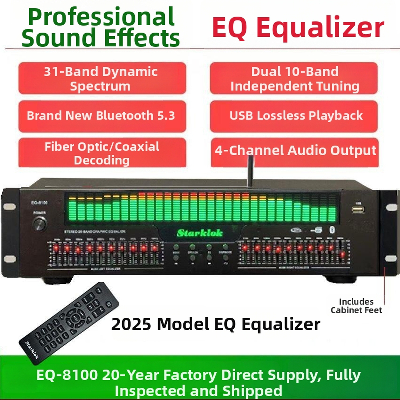 Profesionálny EQ ekvalizér so Bluetooth 5.4, optické vlákno a koaxiálny digitálny dekóder zvuku, USB flash disk, audiophile preamp/hráč