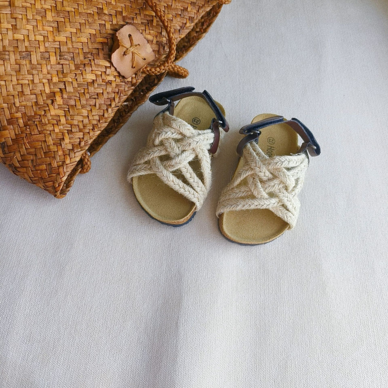 Dječje sandale od pluta s gornjim dijelom od konopljine užadi, pletene remene u korejskom stilu, zatvaranje na Velcro, jarke boje