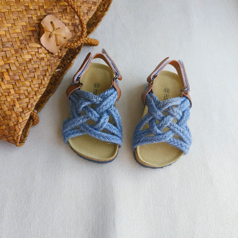 Dječje sandale od pluta s gornjim dijelom od konopljine užadi, pletene remene u korejskom stilu, zatvaranje na Velcro, jarke boje