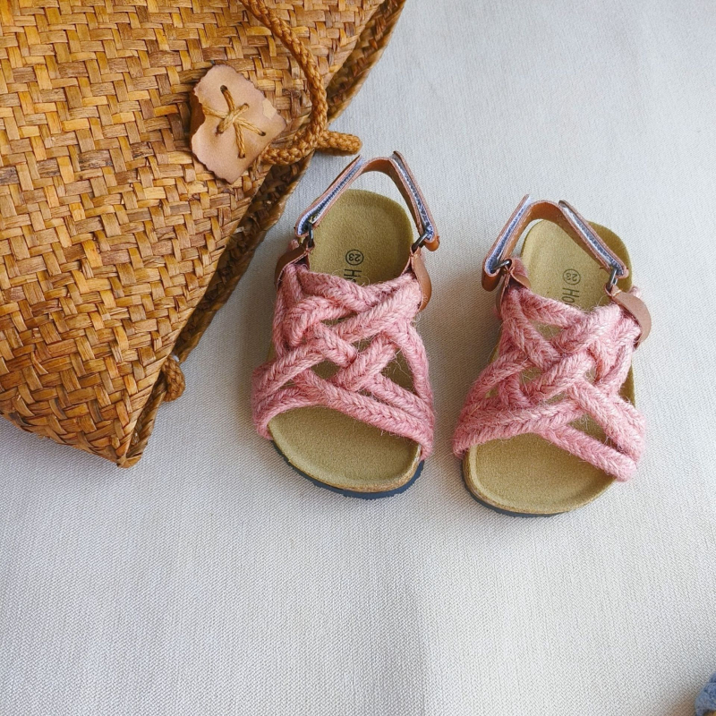 Dječje sandale od pluta s gornjim dijelom od konopljine užadi, pletene remene u korejskom stilu, zatvaranje na Velcro, jarke boje