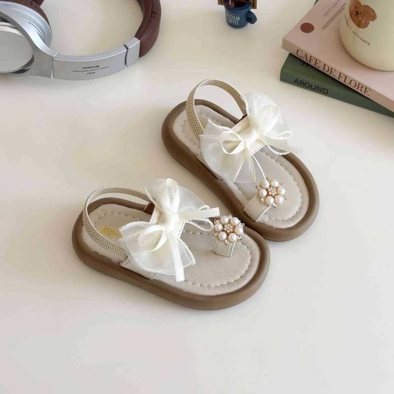 Dječje sandale za djevojčice s perlama i mašnicom, slip-on, mekana potplata, za plažu, ljeto 2026