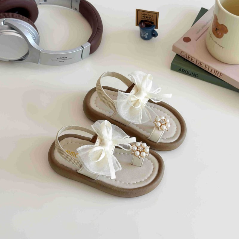 Dječje sandale za djevojčice s perlama i mašnicom, slip-on, mekana potplata, za plažu, ljeto 2026
