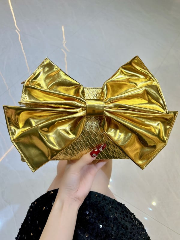Ženska PU clutch torbica s mašnicom, večernja torbica u vodoravnom kvadratnom obliku sa zatvaračem
