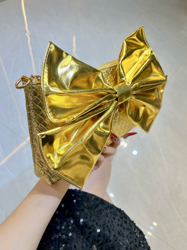 Ženska PU clutch torbica s mašnicom, večernja torbica u vodoravnom kvadratnom obliku sa zatvaračem