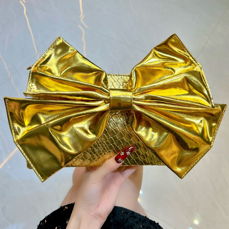 Ženska PU clutch torbica s mašnicom, večernja torbica u vodoravnom kvadratnom obliku sa zatvaračem