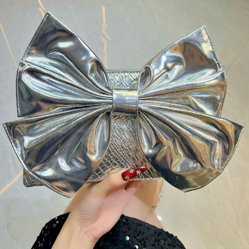 Ženska PU clutch torbica s mašnicom, večernja torbica u vodoravnom kvadratnom obliku sa zatvaračem