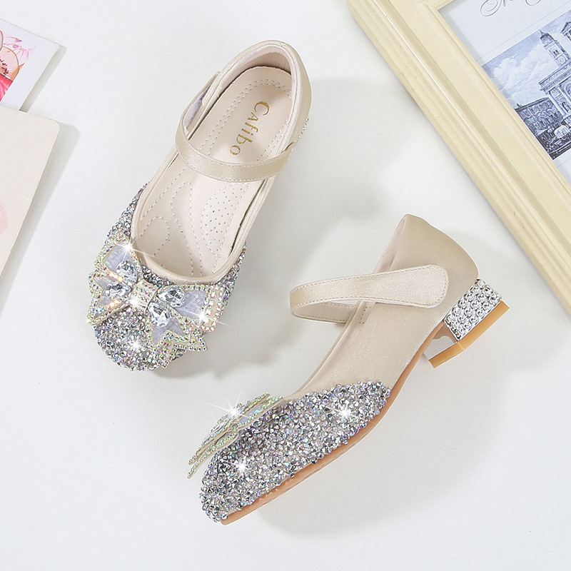 Παιδικά δερμάτινα παπούτσια για κορίτσια, στιλ πριγκίπισσας με στρας, σχολικά, χαμηλό τακούνι, κρύσταλλα, άνοιξη-φθινόπωρο