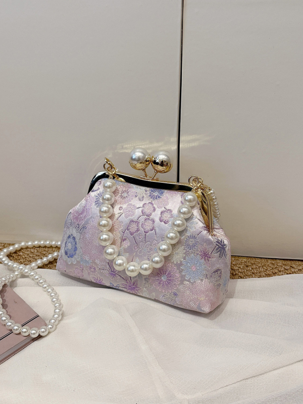 Perlama ukrašena baršunasta večernja torbica, kineskog stila crossbody torba s kopčom, dizajn školjke