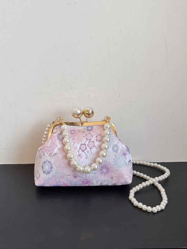 Perlama ukrašena baršunasta večernja torbica, kineskog stila crossbody torba s kopčom, dizajn školjke