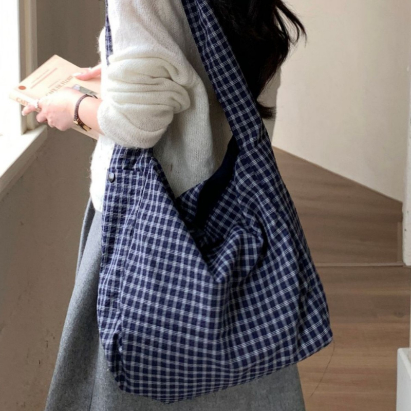 Ženska retro torbica za rame od pamuka i lana s kockastim uzorkom, lagana, velika zapremina, svakodnevna crossbody torba