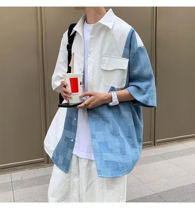 Amerikai stílusú patchworkos rövid ujjú férfiing, nyári casual, modern modell