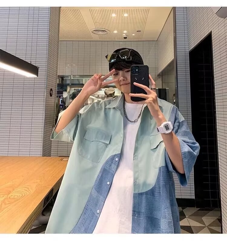 Amerikai stílusú patchworkos rövid ujjú férfiing, nyári casual, modern modell