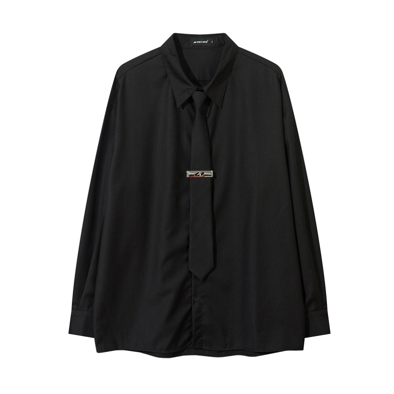 JAKOO πουκάμισο με λεπτομέρεια δέσιματος, unisex, μακριά μανίκια, casual, μονόχρωμο, στυλ Κορέας-Ιαπωνίας
