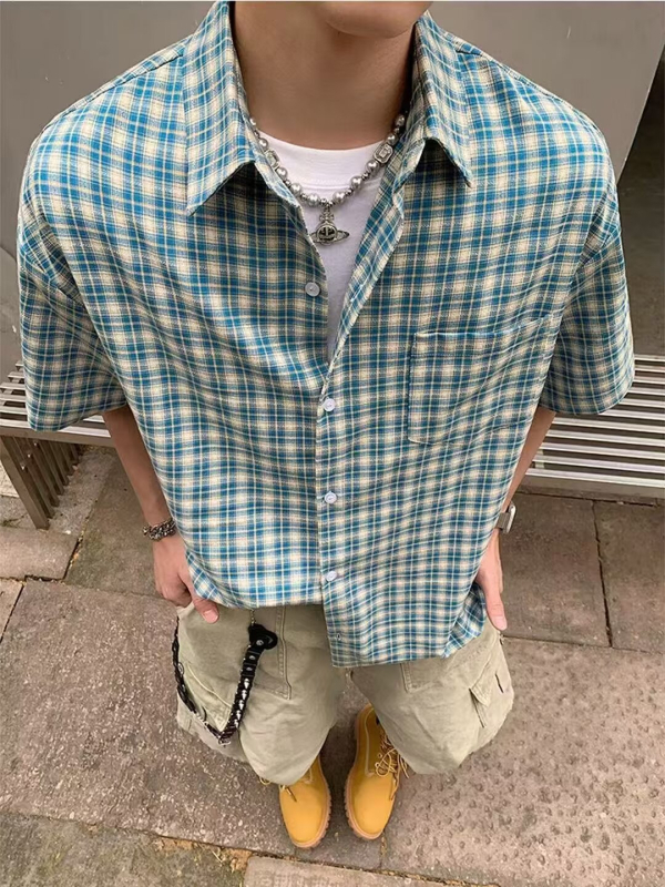 Američka retro karirana muška košulja kratkih rukava, ljetni casual stil, Ice Silk tkanina, vrhunska marka