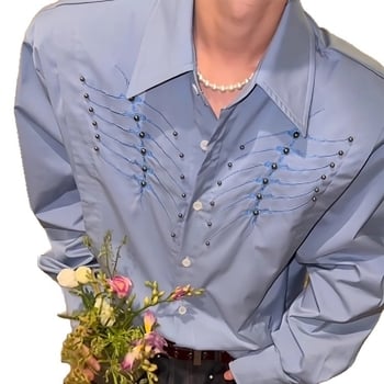 Kék férfi hosszú ujjú inget-jacket szegecses hímzéssel, elegáns megjelenés