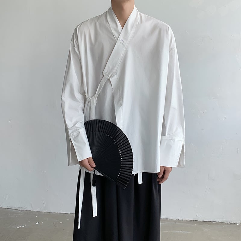 Muška košulja s dugim rukavima u zen kineskom stilu, Hanfu/Daoist inspiracija, stojeći ovratnik, kardigan-stil vanjske odjeće