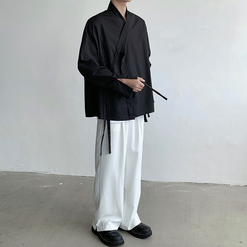 Muška košulja s dugim rukavima u zen kineskom stilu, Hanfu/Daoist inspiracija, stojeći ovratnik, kardigan-stil vanjske odjeće