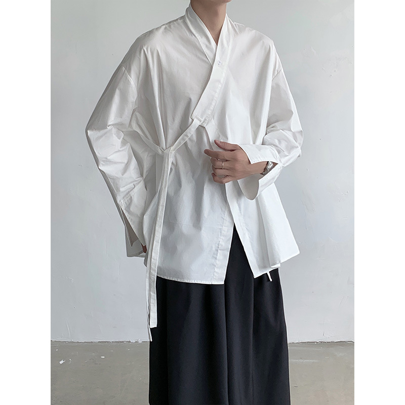 Muška košulja s dugim rukavima u zen kineskom stilu, Hanfu/Daoist inspiracija, stojeći ovratnik, kardigan-stil vanjske odjeće