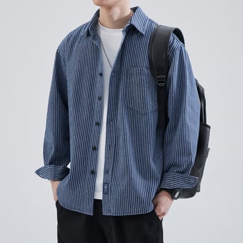 Muška prugasta košulja s dugim rukavima, japanski stil vintage s reverom