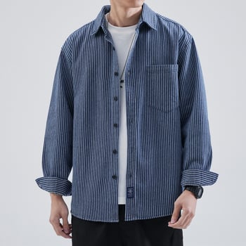 Muška prugasta košulja s dugim rukavima, japanski stil vintage s reverom