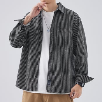 Muška prugasta košulja s dugim rukavima, japanski stil vintage s reverom