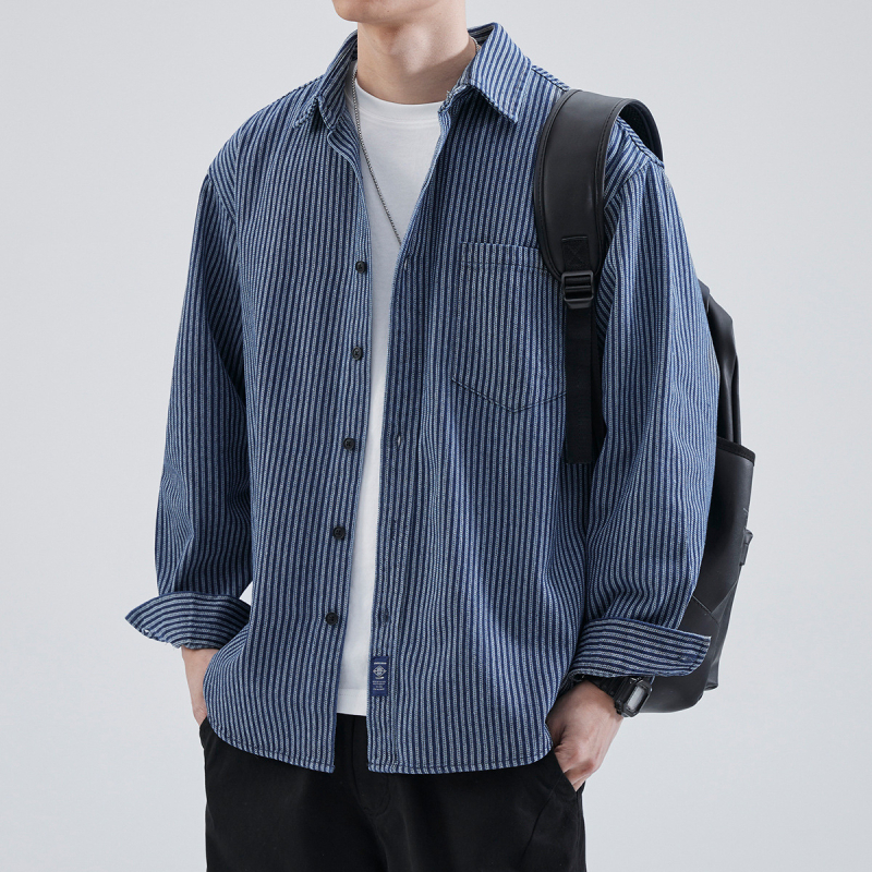 Muška prugasta košulja s dugim rukavima, japanski stil vintage s reverom