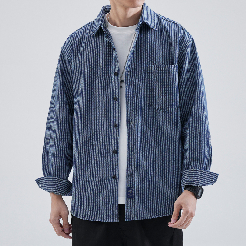 Muška prugasta košulja s dugim rukavima, japanski stil vintage s reverom