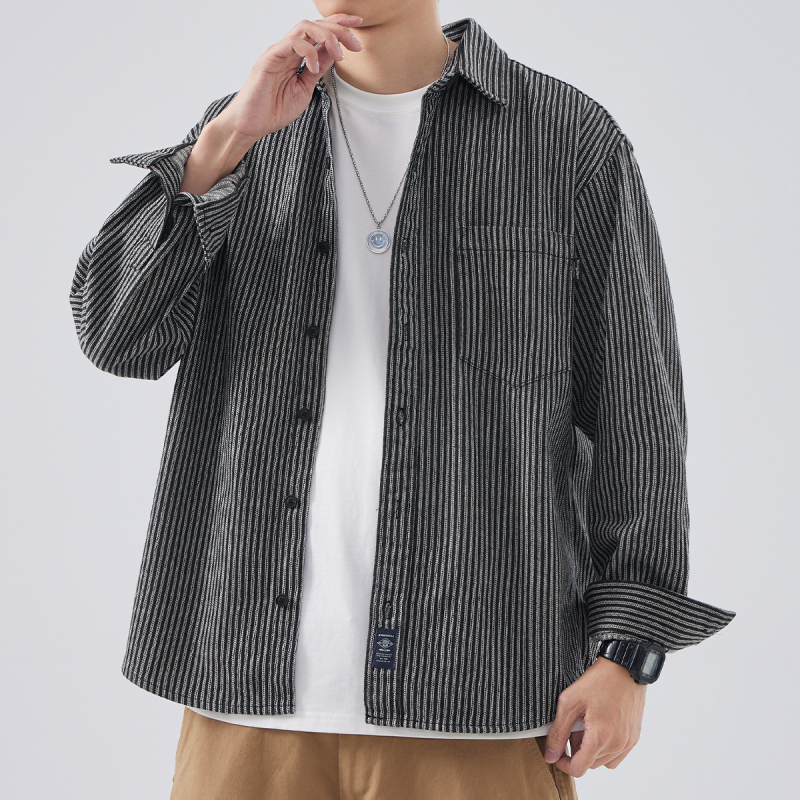 Muška prugasta košulja s dugim rukavima, japanski stil vintage s reverom