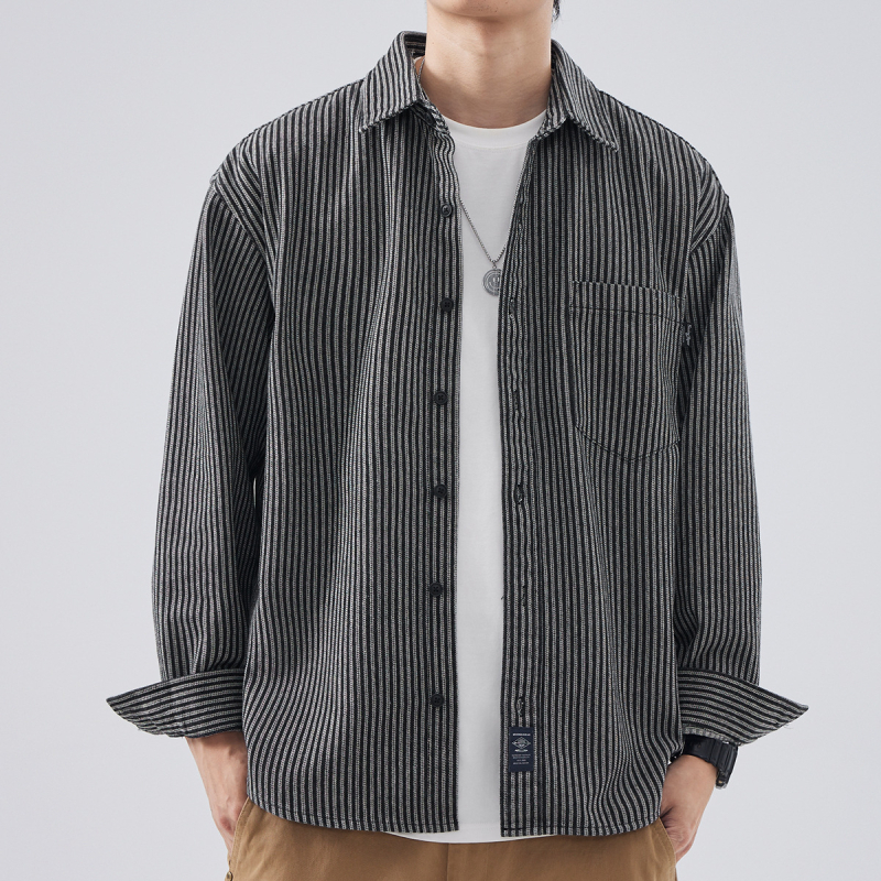 Muška prugasta košulja s dugim rukavima, japanski stil vintage s reverom