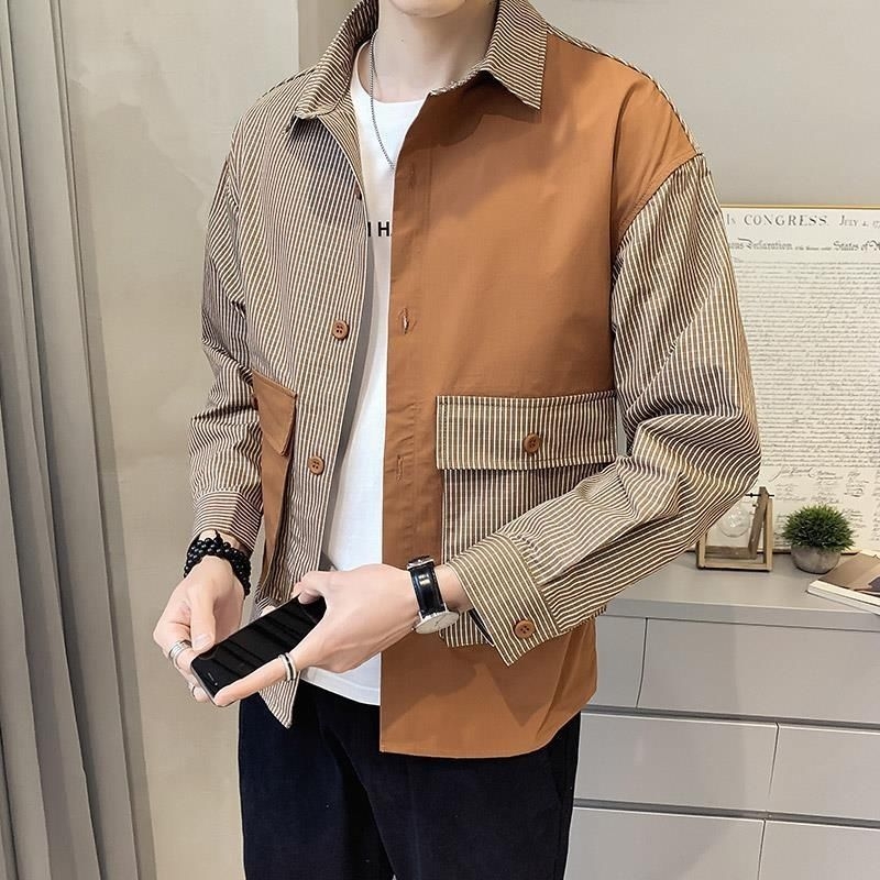 Muška prugasta košulno- jakna za proljeće i jesen, korejski stil, patchwork detalj, ležerni gornji dio visoke kvalitete